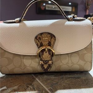Coach White and Tan Shoulder Bag with Signature Design
